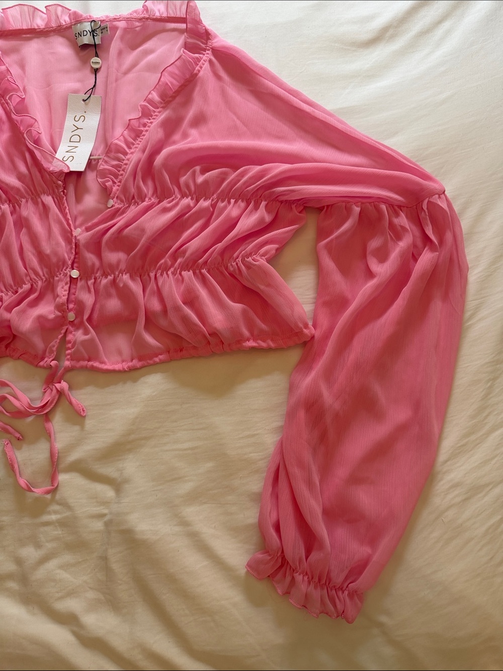 SNDYS Pink Sheer Ruched Tie-Front Blouse - Picture 2 of 3